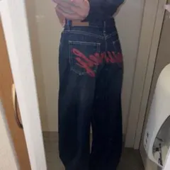 EVRIS バックロゴワイドデニムパンツ レッド ブルーのサムネイル