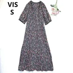 ビス　ロングワンピース　マキシワンピース　花総柄　ウエストゴム フレア　七分袖