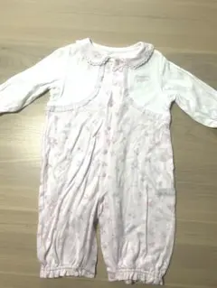 メゾピアノ リボン柄 長袖 2wayオール 50-70 ピンク 白 重ね着風