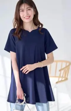 ロングフレアーＴシャツチュニック　ネイビー　LL