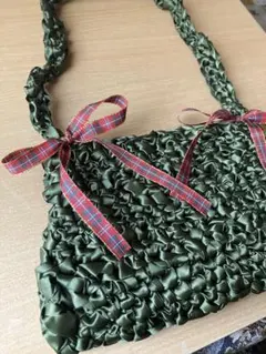 カーキ リボン編みバッグ ハンドメイド