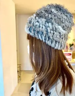 ラビットファー帽子　ミンクファーブローチ付