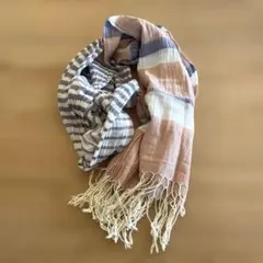ボーダーストール 大判ストール ピンク系 フリンジ付き 軽量