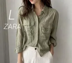 ZARA 長袖シャツ Lサイズ　シアーシャツ　カーキ　ザラ　ストライプのサムネイル