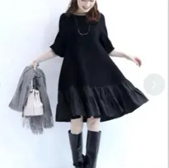 アプワイザーリッシェ フリル切替 ニットワンピース 黒 サイズ2 Aライン
