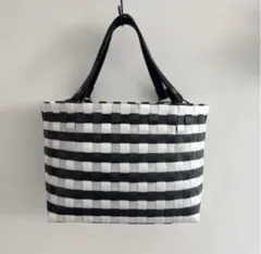 PPバンドバック、プラカゴ、かごバッグ　黒×白