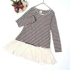 美品✨クラウドナイン（M L）ボーダーチュニック 異素材切替 裾レース フリル