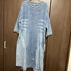 デニムロングワンピース 七分袖 フリンジ仕上げ
