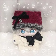 猫耳風ニット帽 首元リボン付き ぬい服 レッド ブラック 12cmいつぬい 黒赤