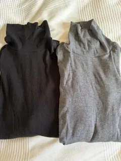 【２枚セット】GU ストレッチリブタートルネックT 黒 グレー M