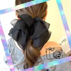 リボンバレッタ ブラック ビッグリボン シフォン ヘアアクセサリー 黒