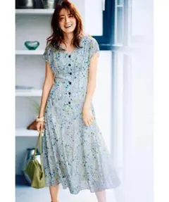 マイストラーダ 洗える小花タックワンピース イエロー 花柄 フレア フラワー