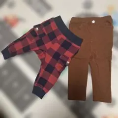 ８０サイズ　パンツ２点セット　赤と黒のチェック柄と茶色のパンツ