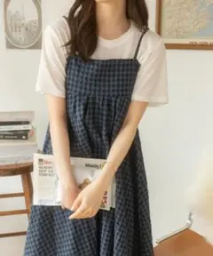 ネイビーチェック キャミワンピース ロング丈