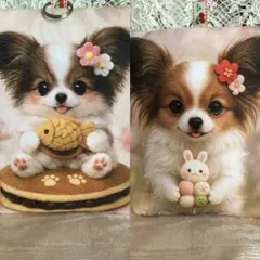ふんわりミニポーチ　和菓子を持ったパピヨンちゃん