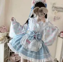和風メイド ロリータ 浴衣ドレス 水色ゴスロリ・ロリータ衣装