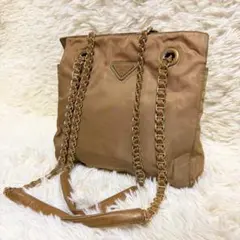 PRADA プラダ ショルダーバッグ　チェーン　ベージュ　三角ロゴ 白タグ