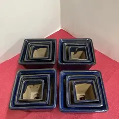 濃紺陶器製四角植木鉢三つ組4セット