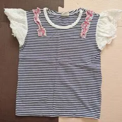 ストライプ柄レースフリル袖Tシャツ