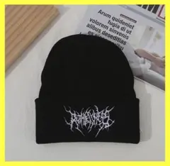 ビーニー ニット帽 Y2K グランジ デスメタル ロゴ 刺繍 黒 ストリート