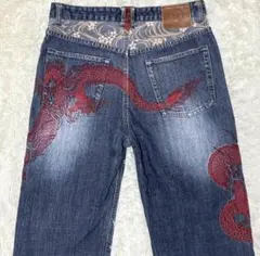 絡繰魂 W34 刺繍 龍 デニムパンツ 和柄 ジーンズ ジーパン ビッグサイズのサムネイル