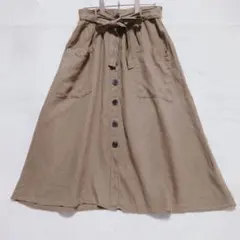 ザラ リネン風 前ボタン フレアスカート ベルト付き S ブラウン