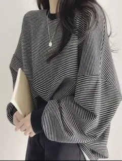 【ほぼ新品】Dazy バルーンスリーブ ブラックホワイト ストライプ トレーナー