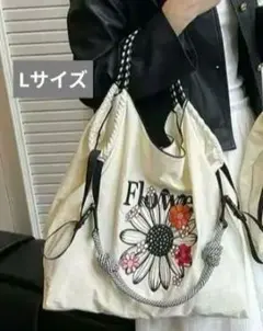 花柄刺繍エコバッグ ショルダーストラップ付き ナイロンバッグ Lサイズホワイト