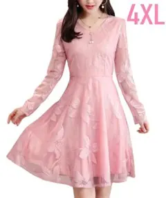 【ピンク 4XL】パーティドレス ワンピース 長袖 Vネック 膝上