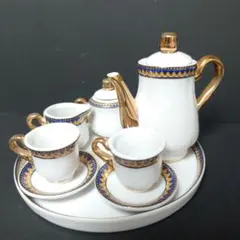 ミニチュアティーセット 白地 青金装飾 陶磁器！ミルク、シュガー、シロップ入れ他