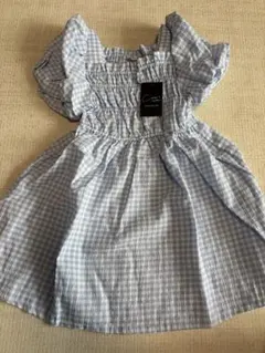 水色チェック フリル袖ワンピース 90サイズ　チュニック