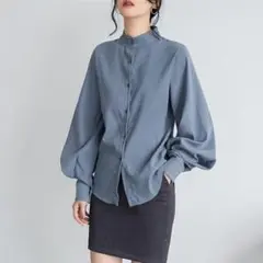 シャツ レディース ブラウス スタンドカラーシャツ 長袖 ブルー　XL