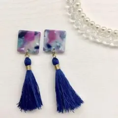 青色マーブル&ロイヤルブルータッセルピアス♬
