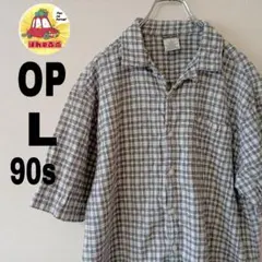 90s USA古着 OP 半袖ボタンシャツ　L ホワイト　ベージュ　ネイビー