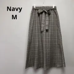 【Navy】チェック柄 フレアロングスカート リボン付き ゴムウエスト　Mのサムネイル