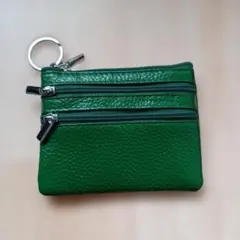 本革コインパース　小型ウォレット　キーホルダー付き　グリーン