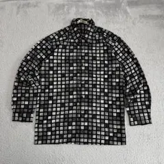 vintage 総柄シャツ レトロ タイル柄 モノトーン モード 長袖 透け感