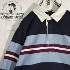 人気 トミーヒルフィガー 長袖 ラガーシャツ XL ネイビー ボーダー 古着