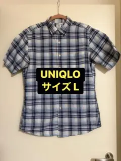 【Lサイズ】ユニクロ★メンズ★綿麻シャツ★半袖シャツ★ブルー★チェック★水色