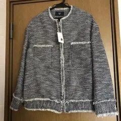 ノーカラー ツイードジャケット ネイビー系