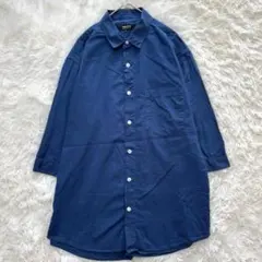 コムサイズム ロング　メンズシャツ 綿麻混 青 M チュニック丈　無地　ゆったり