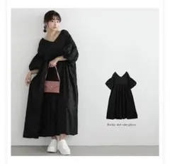 フロッキードットワンピース バルーンスリーブ　Vネック　ロング丈　黒