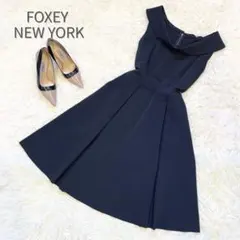 FOXEY NEW YORK ロールカラー フレア ドレス ワンピース ネイビー