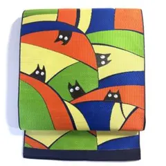 6k167 名古屋帯　絹　猫　博多帯　本場筑前　博多織工業組合　唐織　柄物　和装