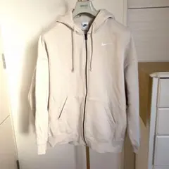 NIKEジップアップパーカー 裏起毛 ボックスシルエットMベージュホワイト刺繍