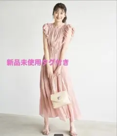 fitmore ジャガード袖フリルティアード ワンピース ピンク /ロング丈 