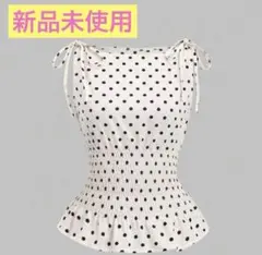 shein ドット　リボン　ギャザー　ペプラム　ブラウス　ノースリーブ　フリル