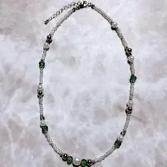 ビーズネックレス クリア グリーン パール シルバー
