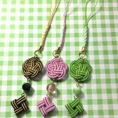 水引風車&梅結び　ストラップ　黒黄、桃系、緑黄　3個セット