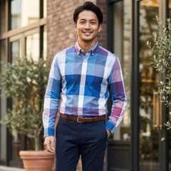 G9793*アルマーニエクスチェンジ☆長袖シャツ☆S☆青系チェック☆綿☆インド製